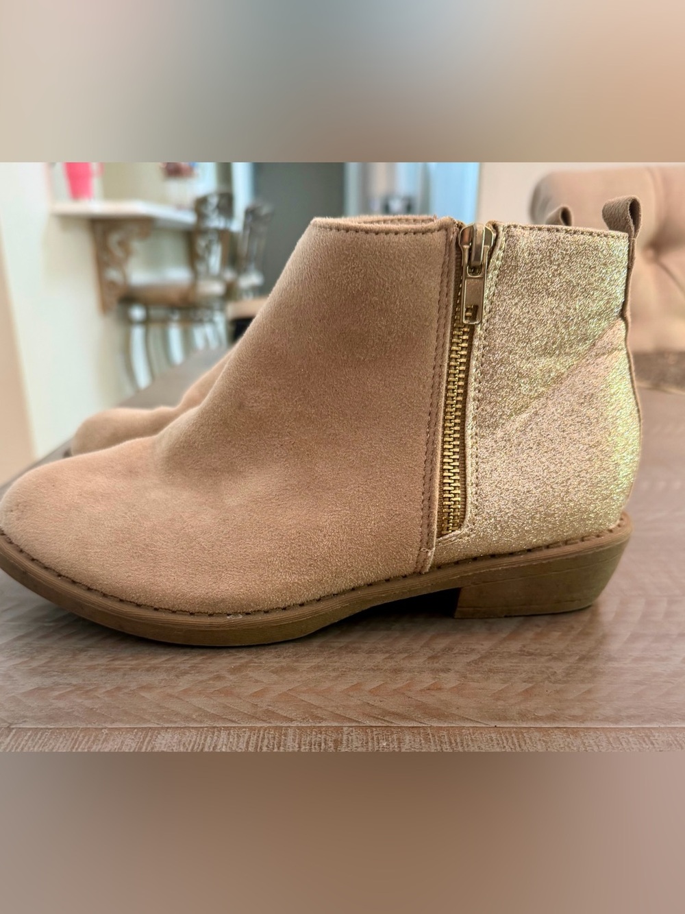 Beige Suede Ankle Boots with Gold Glitter Heel